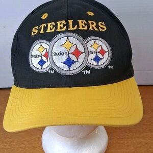 Rare Vtg Triple Logo 7 Pittsburgh Steelers SnapBack Hat Cap Great Cond Snap Back